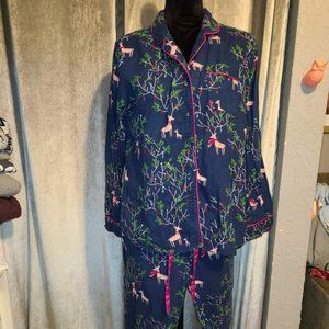 Navy Blue Christmas Deer Fawn Forest Woodland Pajama Set Size Large